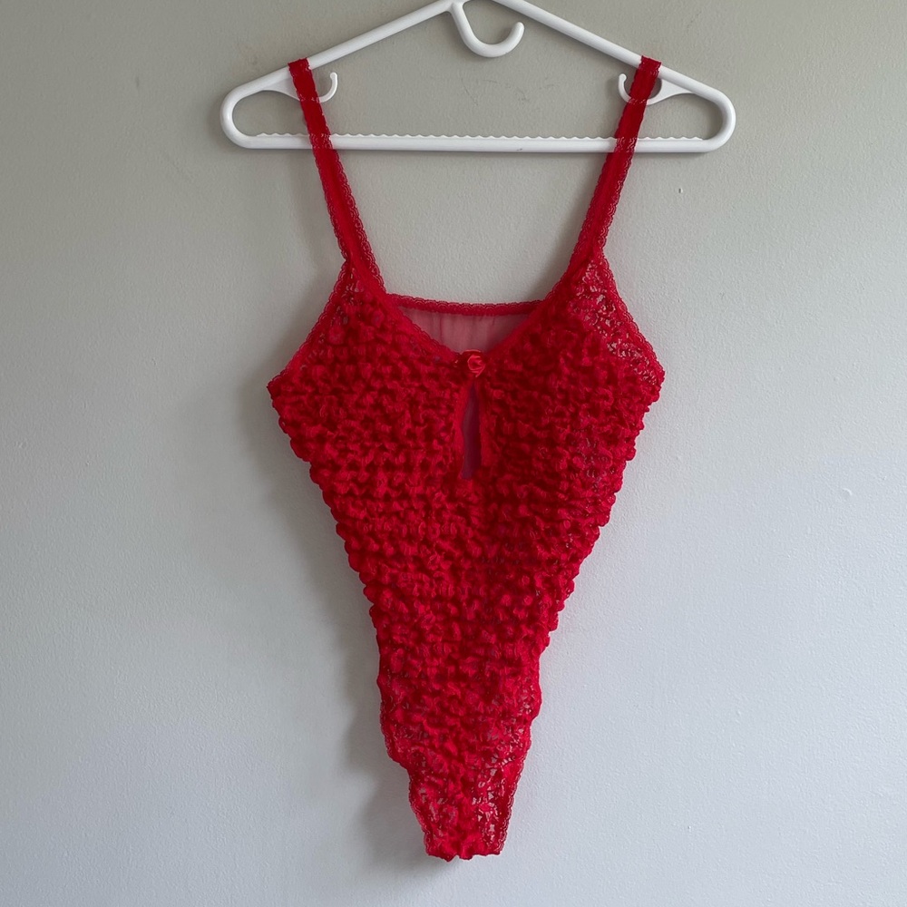 VINTAGE CINEMA ETOILE SHEER RED TEDDY BODYSUIT POPCORN THONG LACE TRIM STRAPS